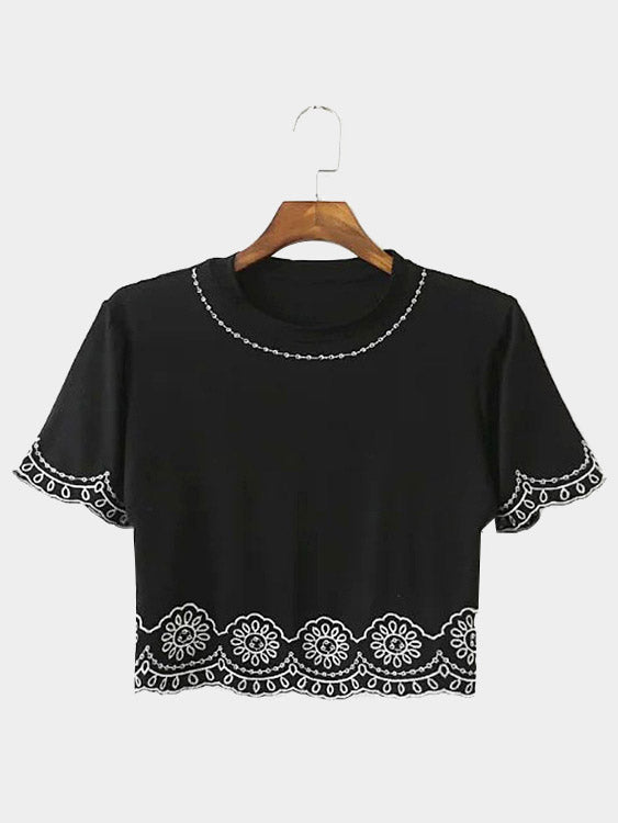 Wholesale Round Neck Lace Short Sleeve Black Fashion Tee