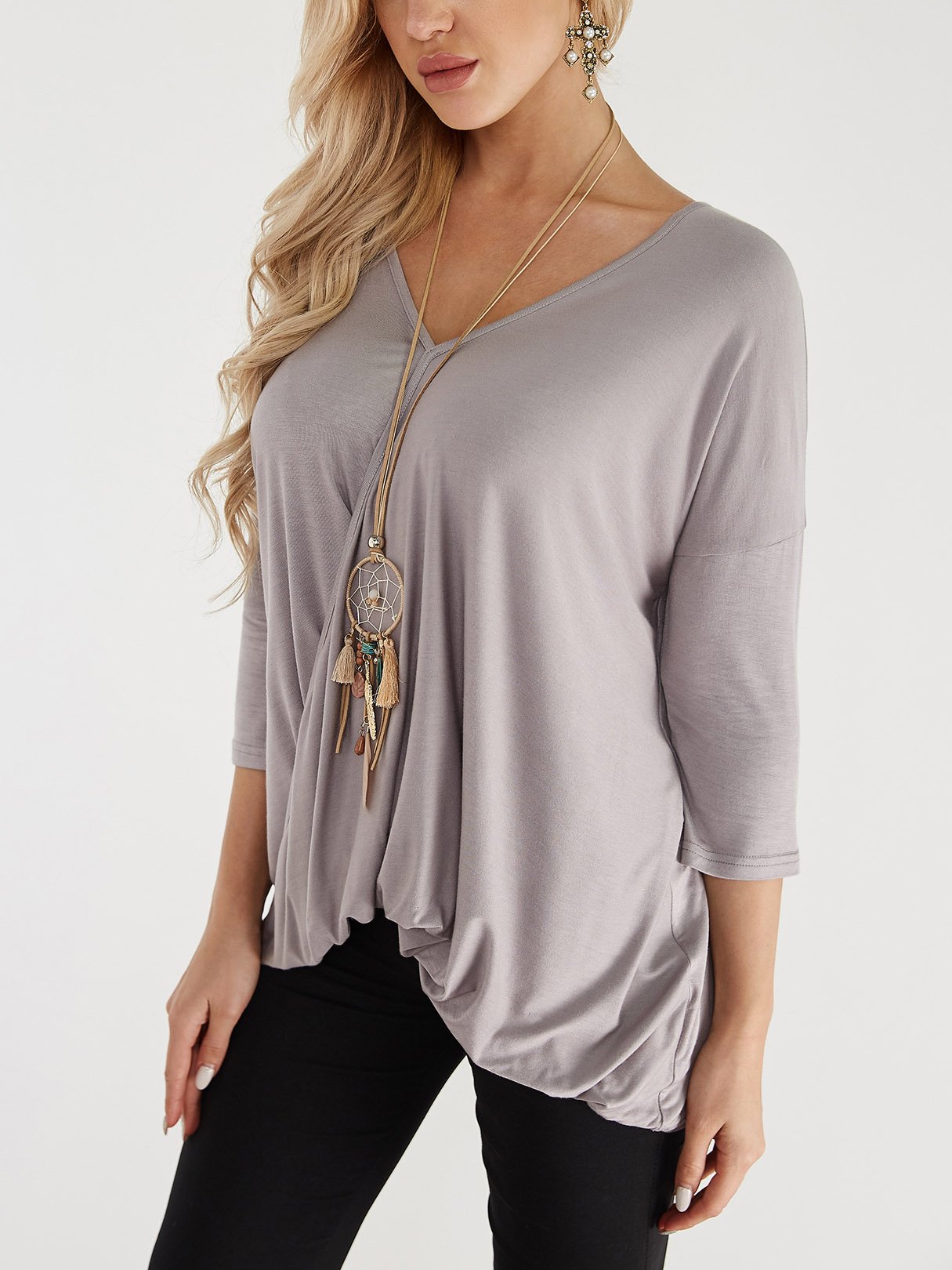 Wholesale V-Neck Plain Crossed Front Half Sleeve Grey T-Shirts