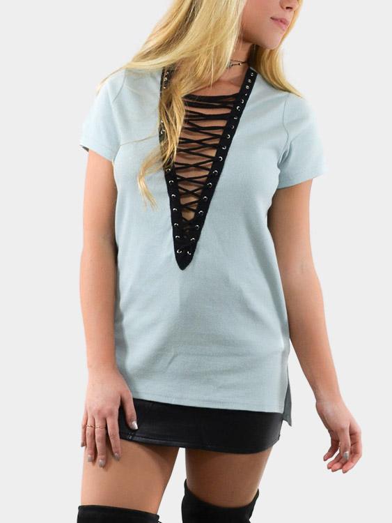 Wholesale V-Neck Lace-Up Short Sleeve Green T-Shirts