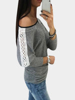 Wholesale One Shoulder Plain Lace Long Sleeve Grey T-Shirts