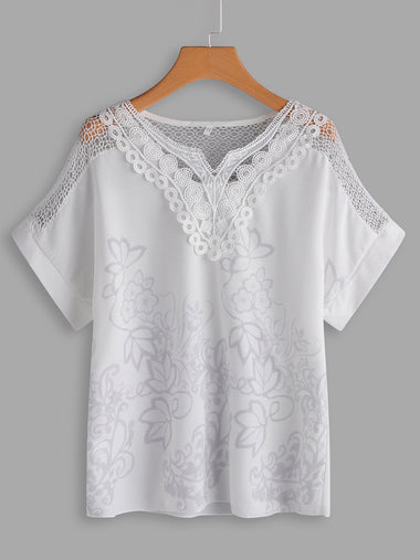 Wholesale V-Neck Floral Print Lace Short Sleeve Plus Size Tops