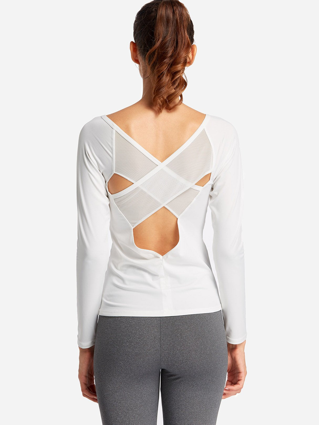 Wholesale Round Neck Crossed Front Backless Long Sleeve White T-Shirts