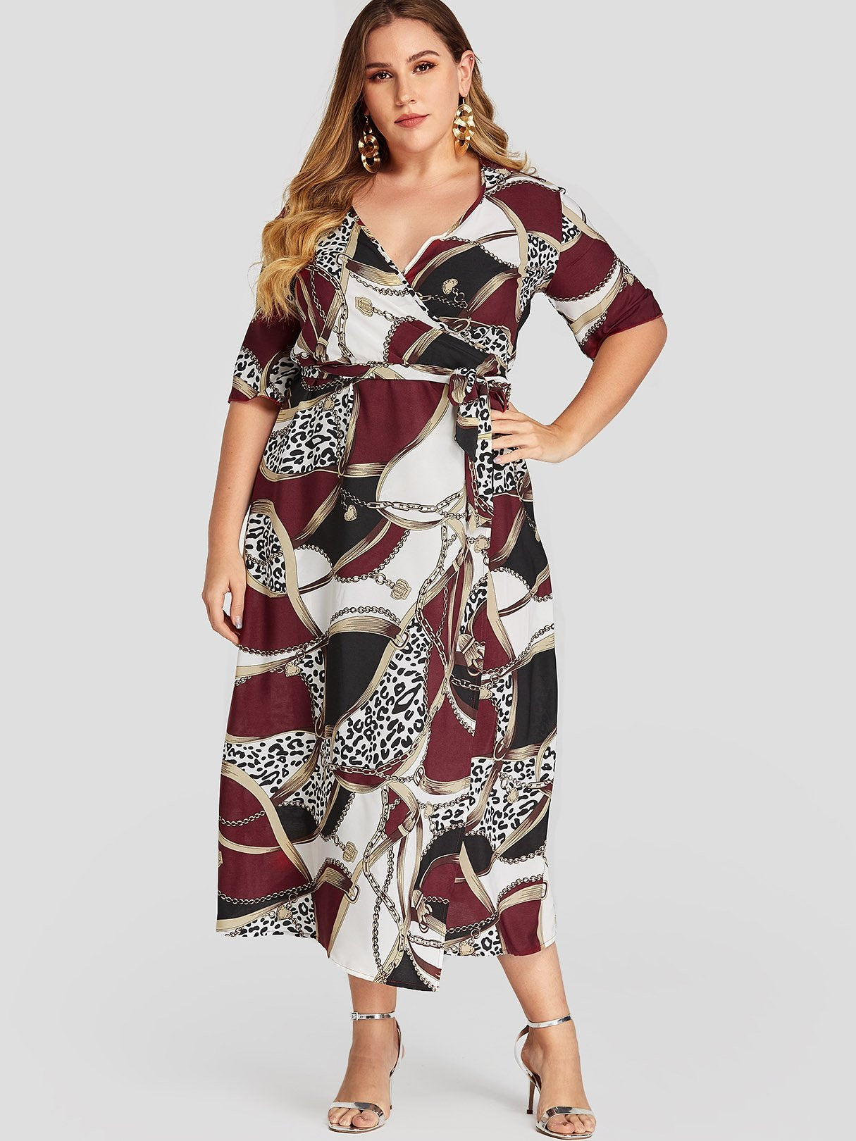 Wholesale Deep V Neck Self-Tie Wrap Half Sleeve Plus Size Dress