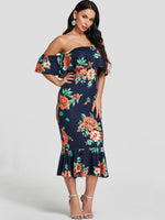 Wholesale Navy Off The Shoulder Flounced Hem Maxi Dress