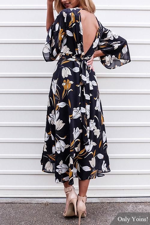 Wholesale V-Neck 3/4 Sleeve Length Floral Print Backless Lace-Up Maxi Dress