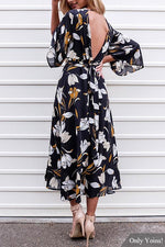 Wholesale V-Neck 3/4 Sleeve Length Floral Print Backless Lace-Up Maxi Dress