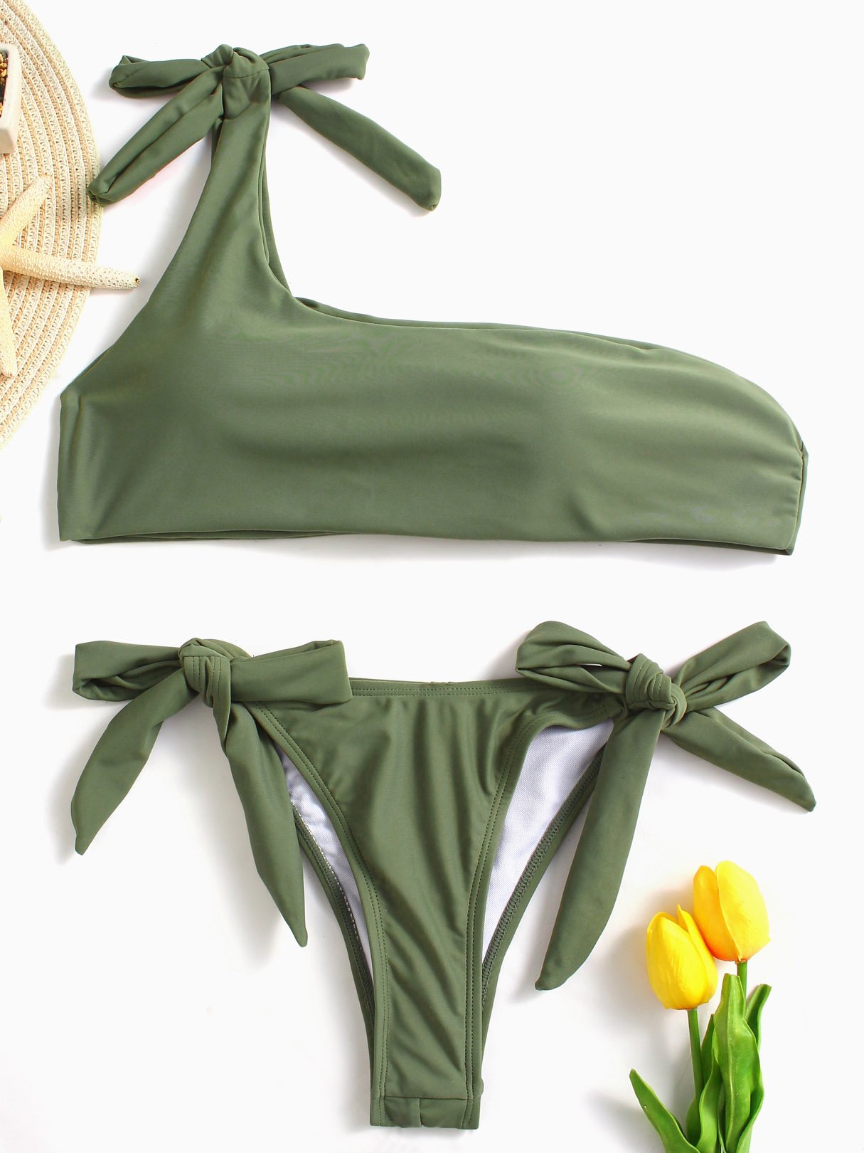 Wholesale Asymmetrical Tie-Up Sleeveless Bodycon Hem Green High-Waisted 2 Piece Bikini