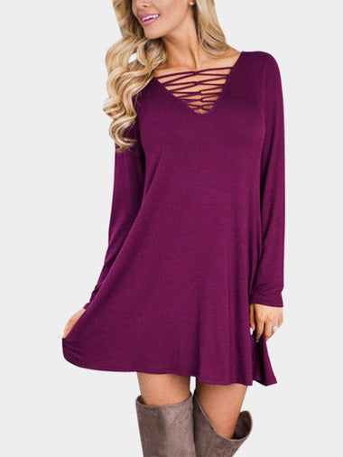 Wholesale V-Neck Lace-Up Long Sleeve Purple Dress