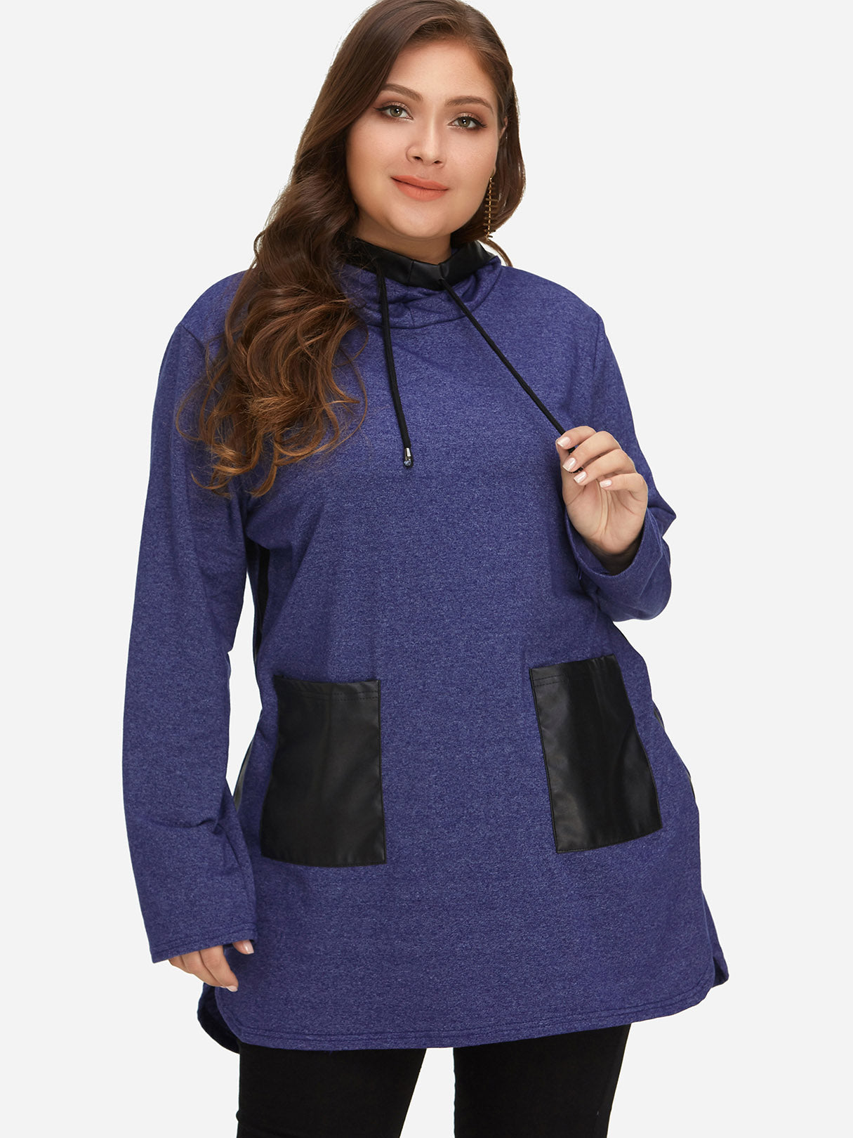 Wholesale Two Large Pockets Hooded Long Sleeve Blue Plus Size Tops