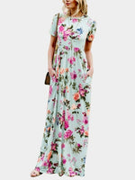 Wholesale Round Neck Short Sleeve Floral Print High-Waisted Maxi Dress
