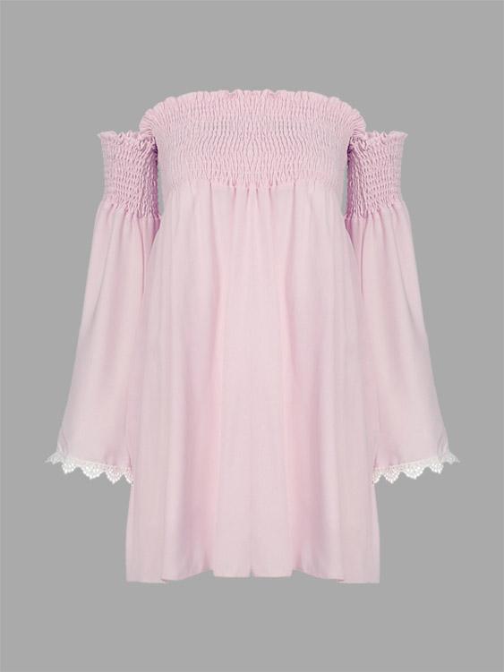 Wholesale Pink Off The Shoulder Long Sleeve Crochet Lace Embellished Mini Dress