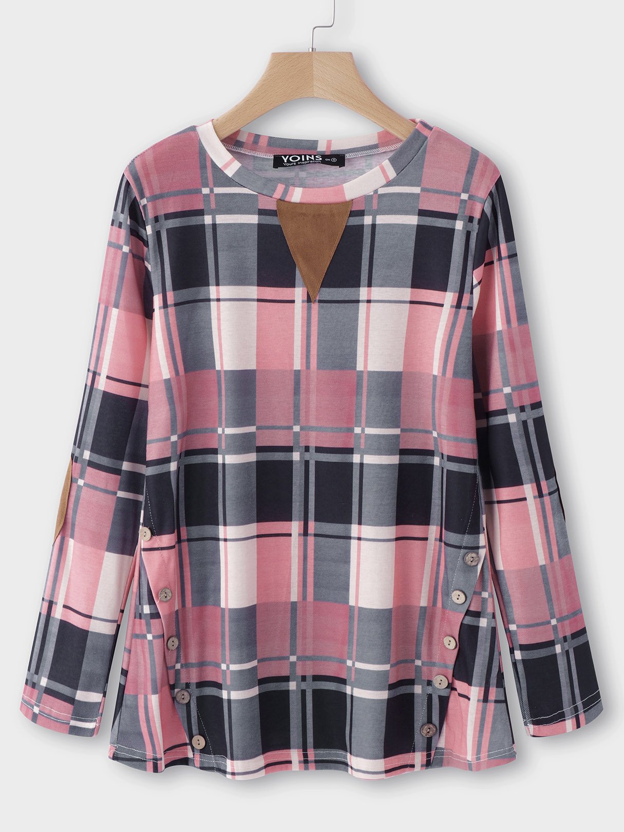 Wholesale Round Neck Grid Long Sleeve Pink T-Shirts