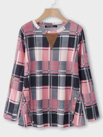 Wholesale Round Neck Grid Long Sleeve Pink T-Shirts