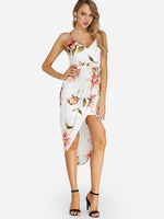 Wholesale V-Neck Sleeveless Floral Print Crossed Front Spaghetti Strap Irregular Hem Dresses