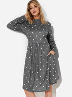 Wholesale Grey Round Neck Long Sleeve Polka Dot Sexy Dress