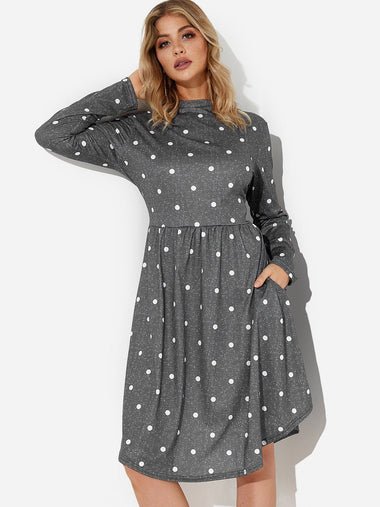 Wholesale Grey Round Neck Long Sleeve Polka Dot Sexy Dress