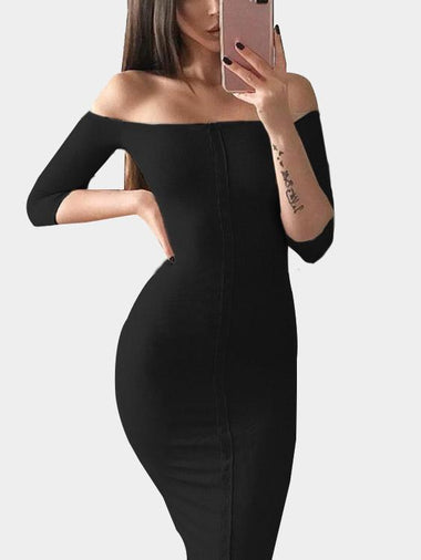 Wholesale Black Off The Shoulder 3/4 Length Sleeve Plain Bodycon Sexy Dresses