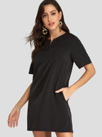 Wholesale Black V-Neck Half Sleeve Plain Side Pockets Casual Dress