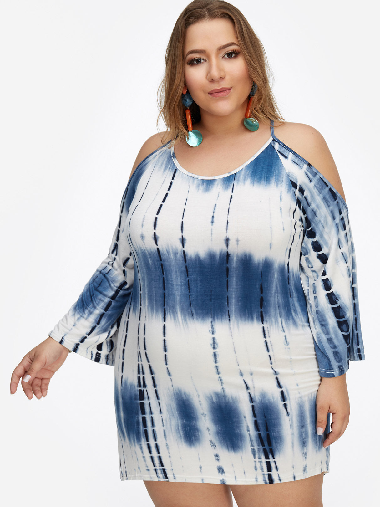 Wholesale Round Neck Cold Shoulder Stripe Cut Out Spaghetti Strap Long Sleeve Plus Size Mini Dress