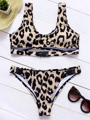 Wholesale Khaki Scoop Neck Sleeveless Leopard Lace-Up Bikinis
