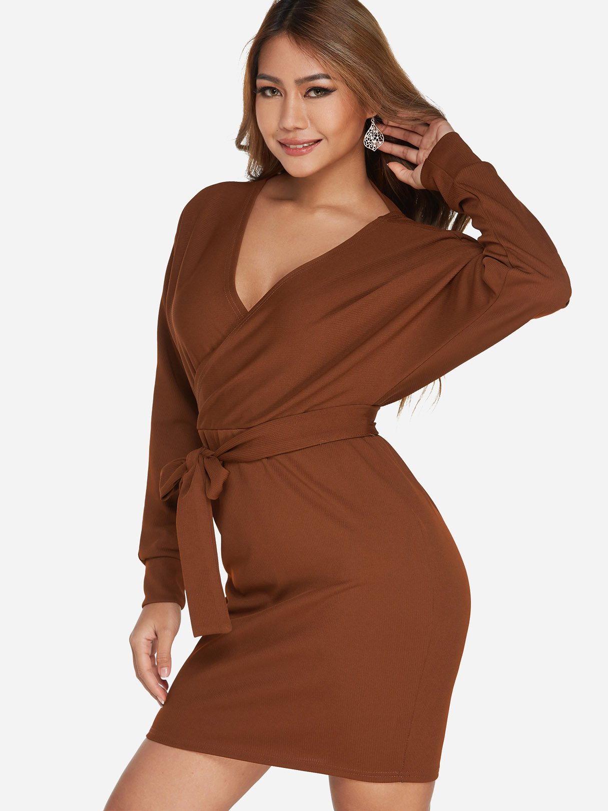 OEM Ladies Rust V-Neck Dresses