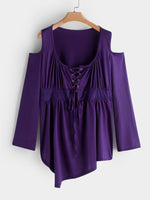 Wholesale Cold Shoulder Plain Hollow Lace-Up Pleated Long Sleeve Purple Plus Size Tops