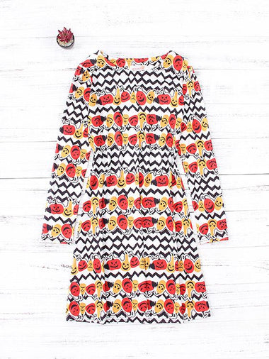 Wholesale Red Round Neck Long Sleeve Wave Printed Casual Dresses