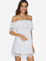 Wholesale White Off The Shoulder Short Sleeve Lace Tiered Irregular Hem Mini Dresses