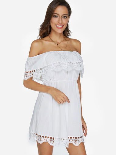 Wholesale White Off The Shoulder Short Sleeve Lace Tiered Irregular Hem Mini Dresses