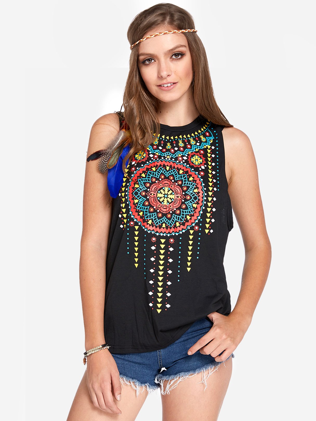 Wholesale Crew Neck Floral Print Sleeveless Black Tank Top