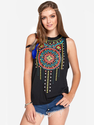 Wholesale Crew Neck Floral Print Sleeveless Black Tank Top