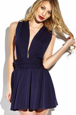 Wholesale Blue V-Neck Sleeveless Plain Backless Ruffle Hem Mini Dress