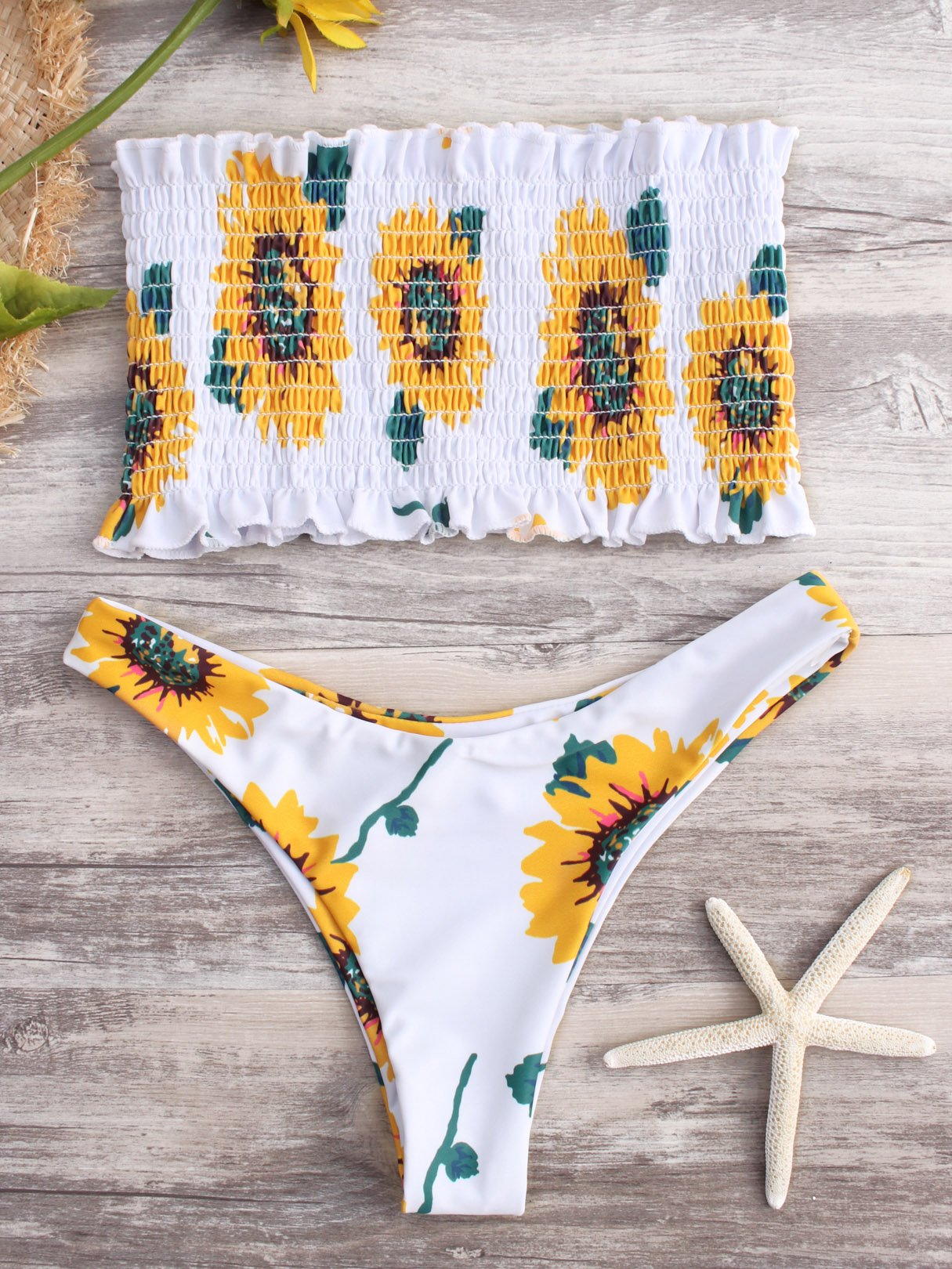 Wholesale White Strapless Sleeveless Floral Print Bikinis
