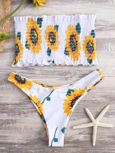 Wholesale White Strapless Sleeveless Floral Print Bikinis
