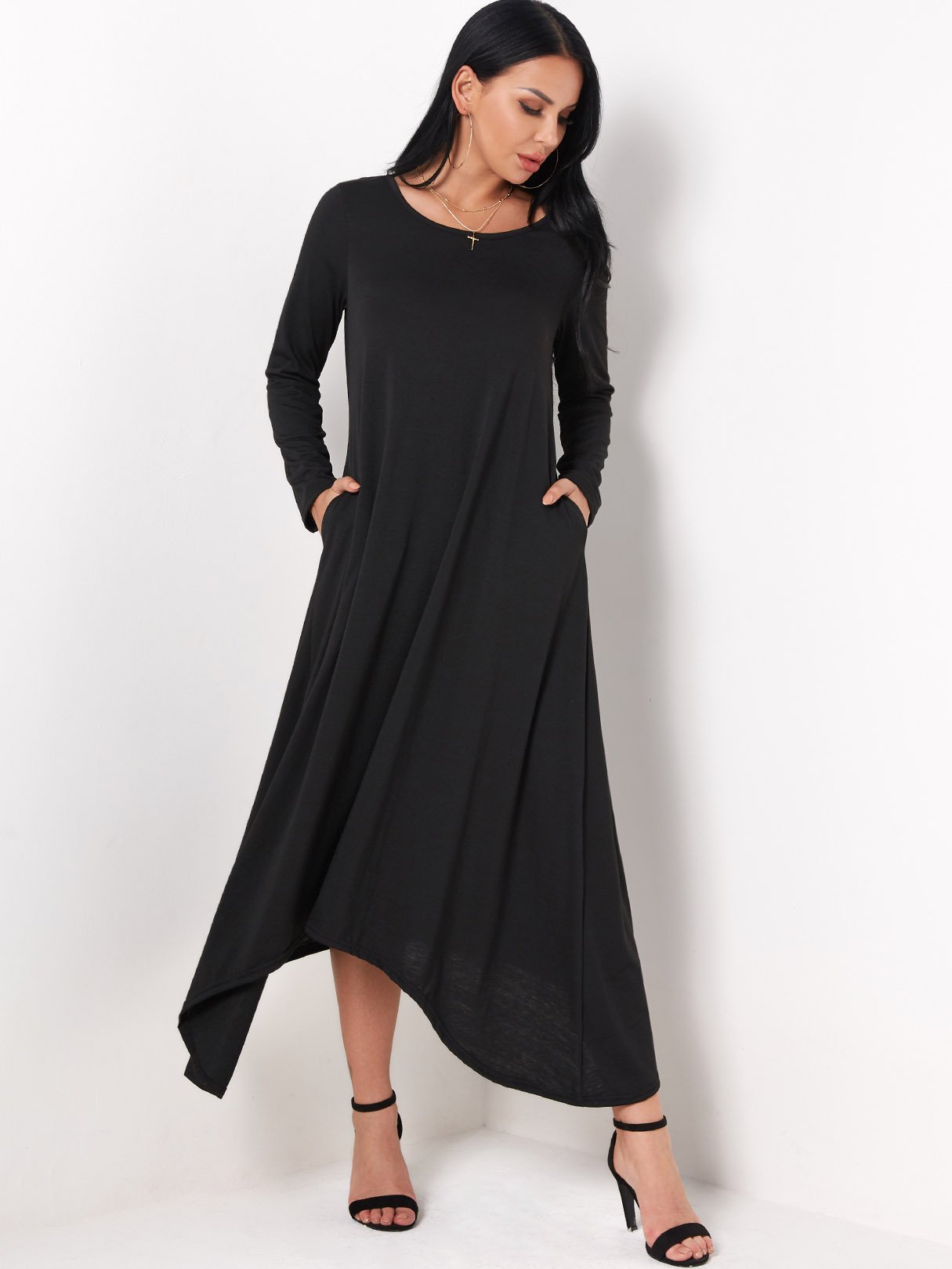 chinese dress ladies Wholesale Round Neck Plain Side Pockets Long Sleeve Black Maxi Dress