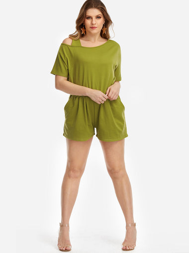 Wholesale One Shoulder Plain Short Sleeve Green Plus Size Bottoms