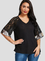 Wholesale V-Neck Lace Short Sleeve Black T-Shirts