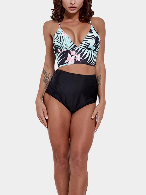 Wholesale V-Neck Sleeveless Floral Print Criss-Cross Tie-Up Two Piece Bikinis