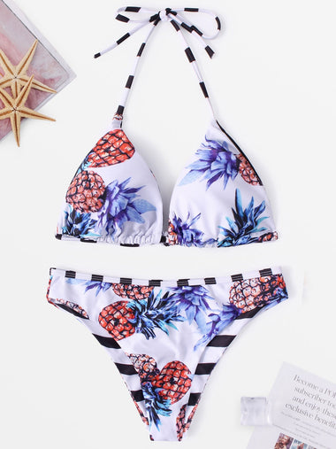 Wholesale V-Neck Sleeveless Floral Print Tie-Up Bikinis