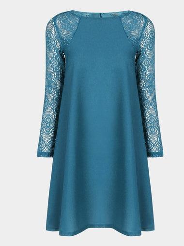 Wholesale Dark Blue Round Neck Long Sleeve Lace Mini Dress
