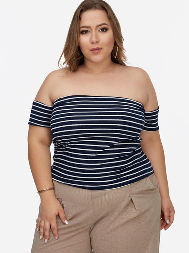 Wholesale Off The Shoulder Stripe Short Sleeve Black Plus Size Tops