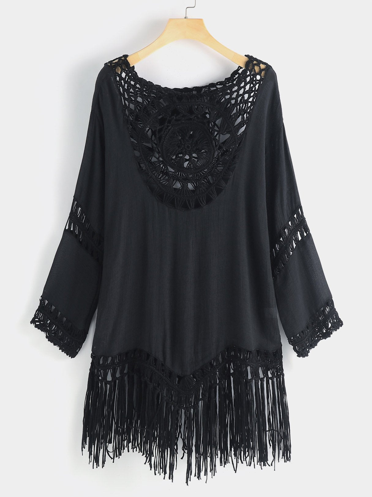 Wholesale Round Neck Long Sleeve Tiered Hollow Tassel Hem Beachwear