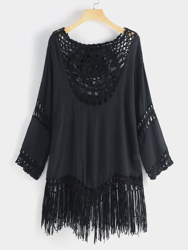 Wholesale Round Neck Long Sleeve Tiered Hollow Tassel Hem Beachwear