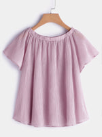 Wholesale Round Neck Off The Shoulder Short Sleeve Curved Hem Purple T-Shirts