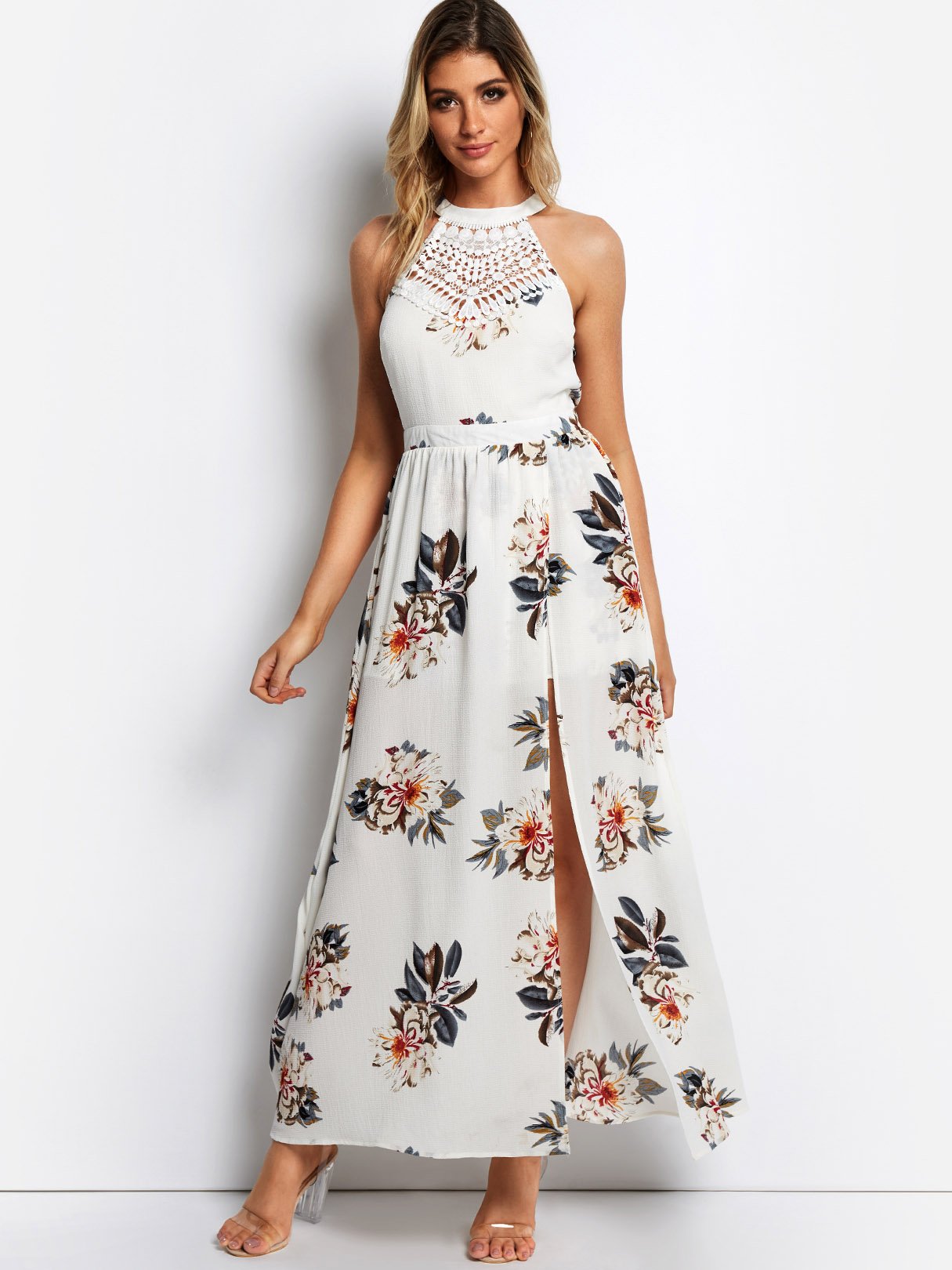 Wholesale White Halter Sleeveless Floral Print Lace Slit Hem Dresses