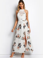 Wholesale White Halter Sleeveless Floral Print Lace Slit Hem Dresses