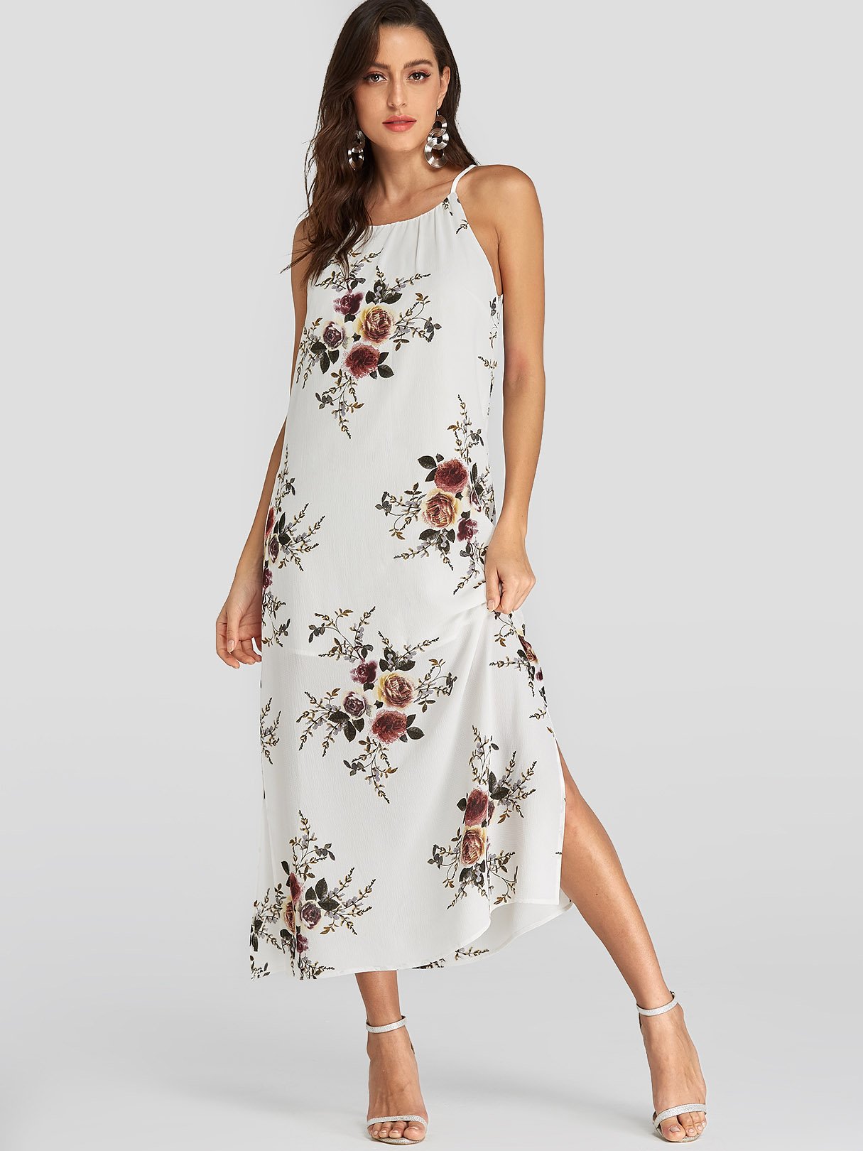 Wholesale White Halter Sleeveless Floral Print Backless Slit Hem Dresses