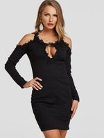 Wholesale Black Cold Shoulder Long Sleeve Plain Lace Cut Out Sexy Dresses