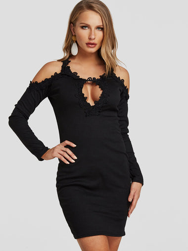 Wholesale Black Cold Shoulder Long Sleeve Plain Lace Cut Out Sexy Dresses