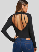 Wholesale Round Neck Plain Backless Cut Out Long Sleeve Black Top